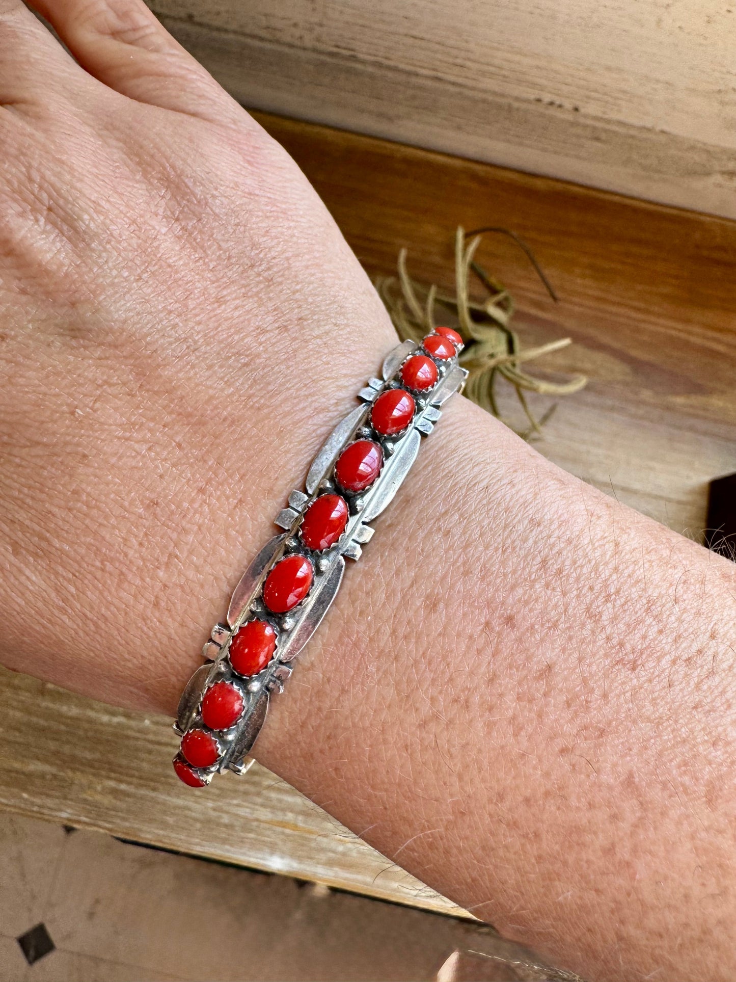 Red Coral Cuff Bracelet – Native Made by Russell Sam, Sterling Silver