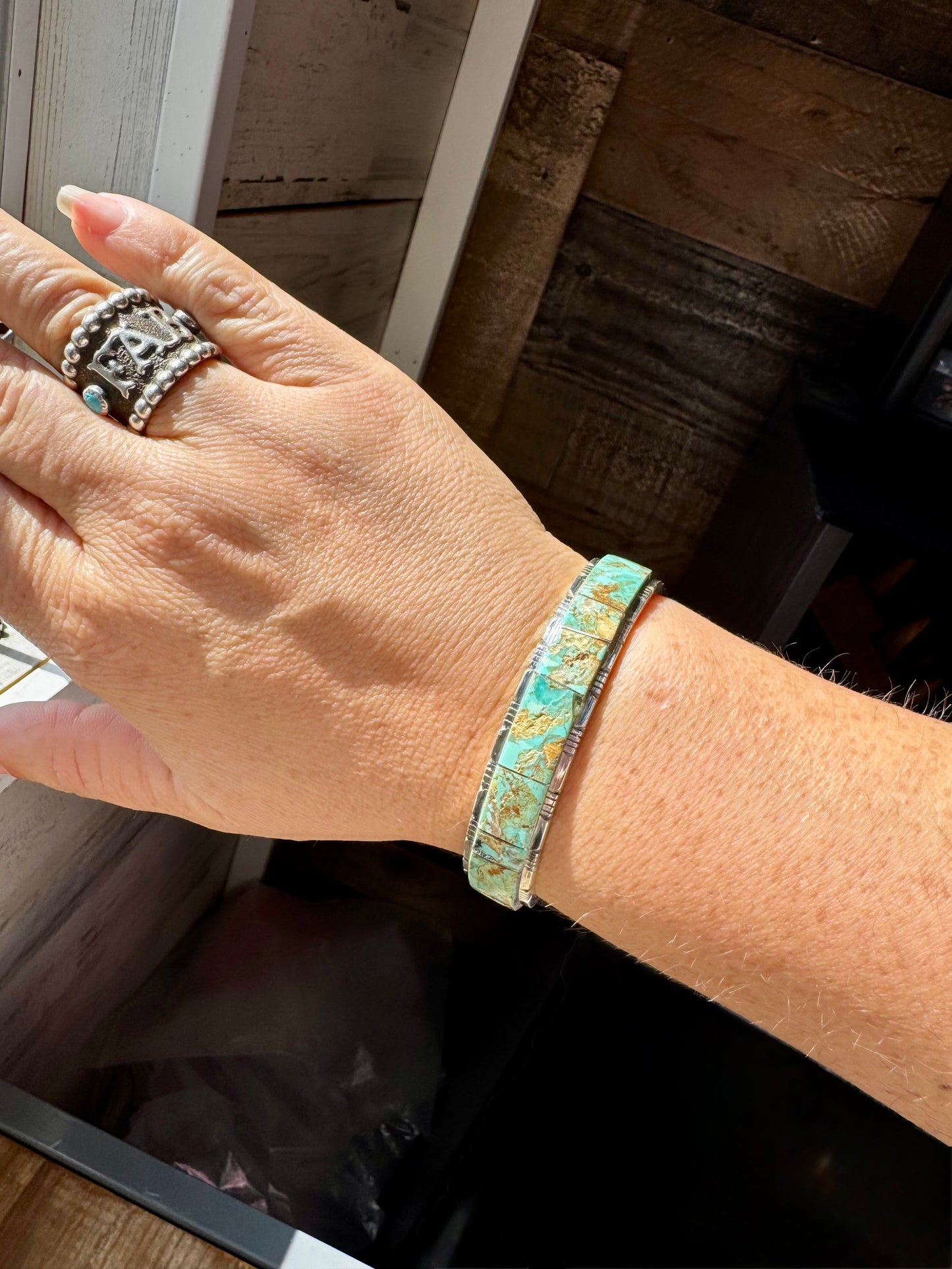 Cuff Bracelet – Green Kingman Turquoise – Sterling Silver – SF Stamp by Steve Francisco, Navajo Artist