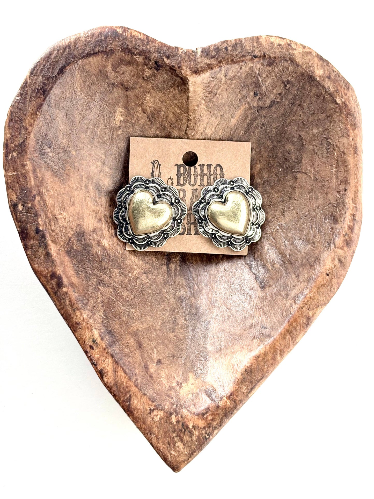 Western Style Vintage Chunky Bubble Heart Stud Earrings: Gold