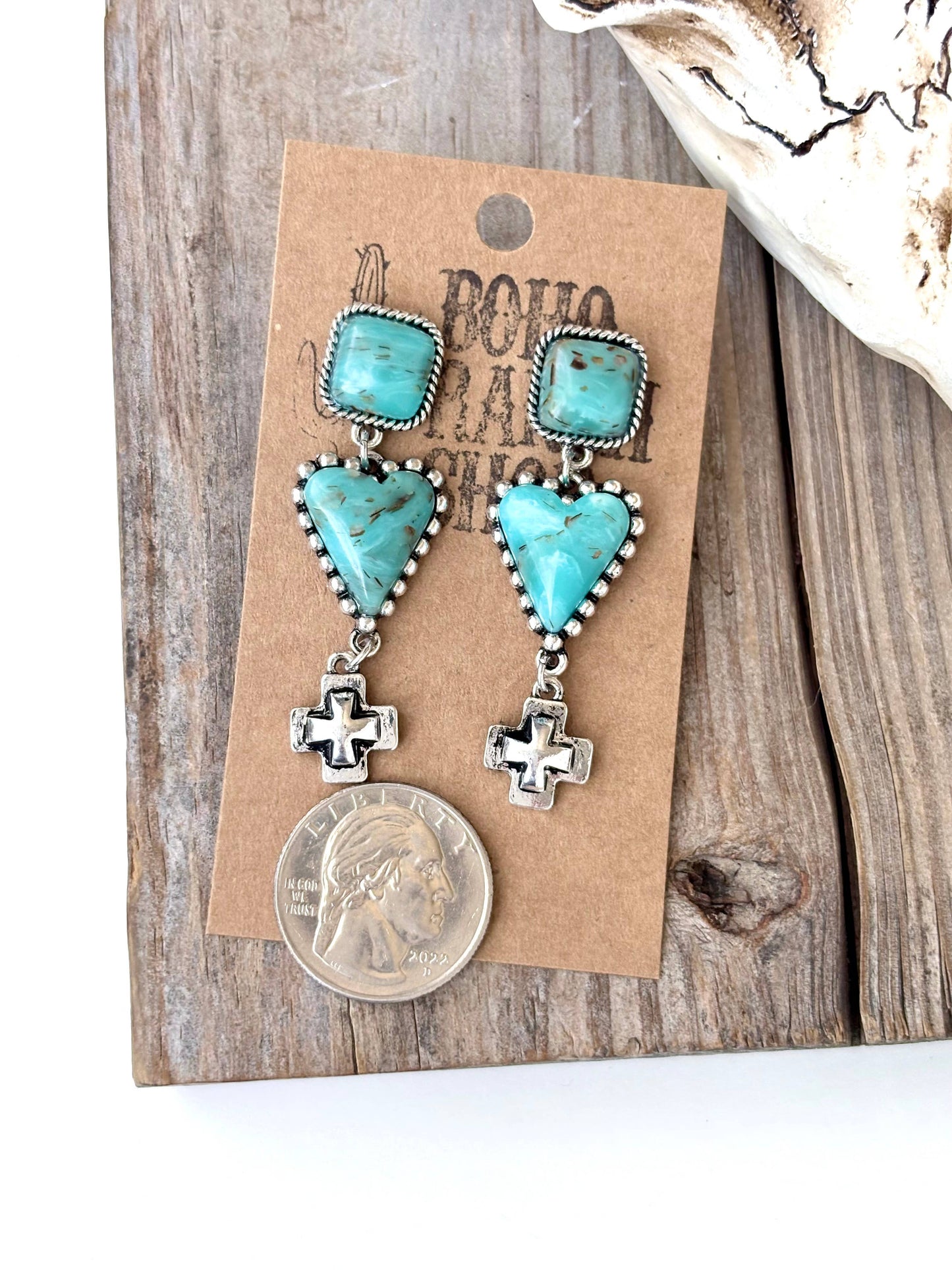 Square, Heart Turquoise Stone & Cross Post Drop Earrings