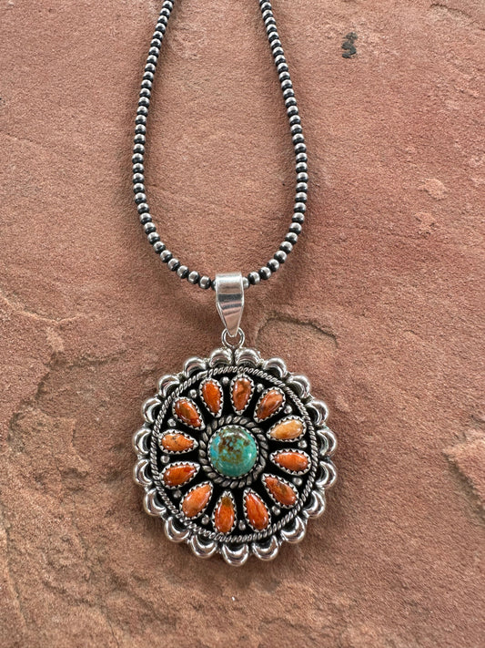 Beautiful Handmade Sterling Silver, Orange Mojave & Turquoise Cluster Pendant