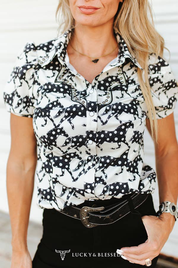 Horse Printed Puff Studded Detail Pearl Snap Shirt