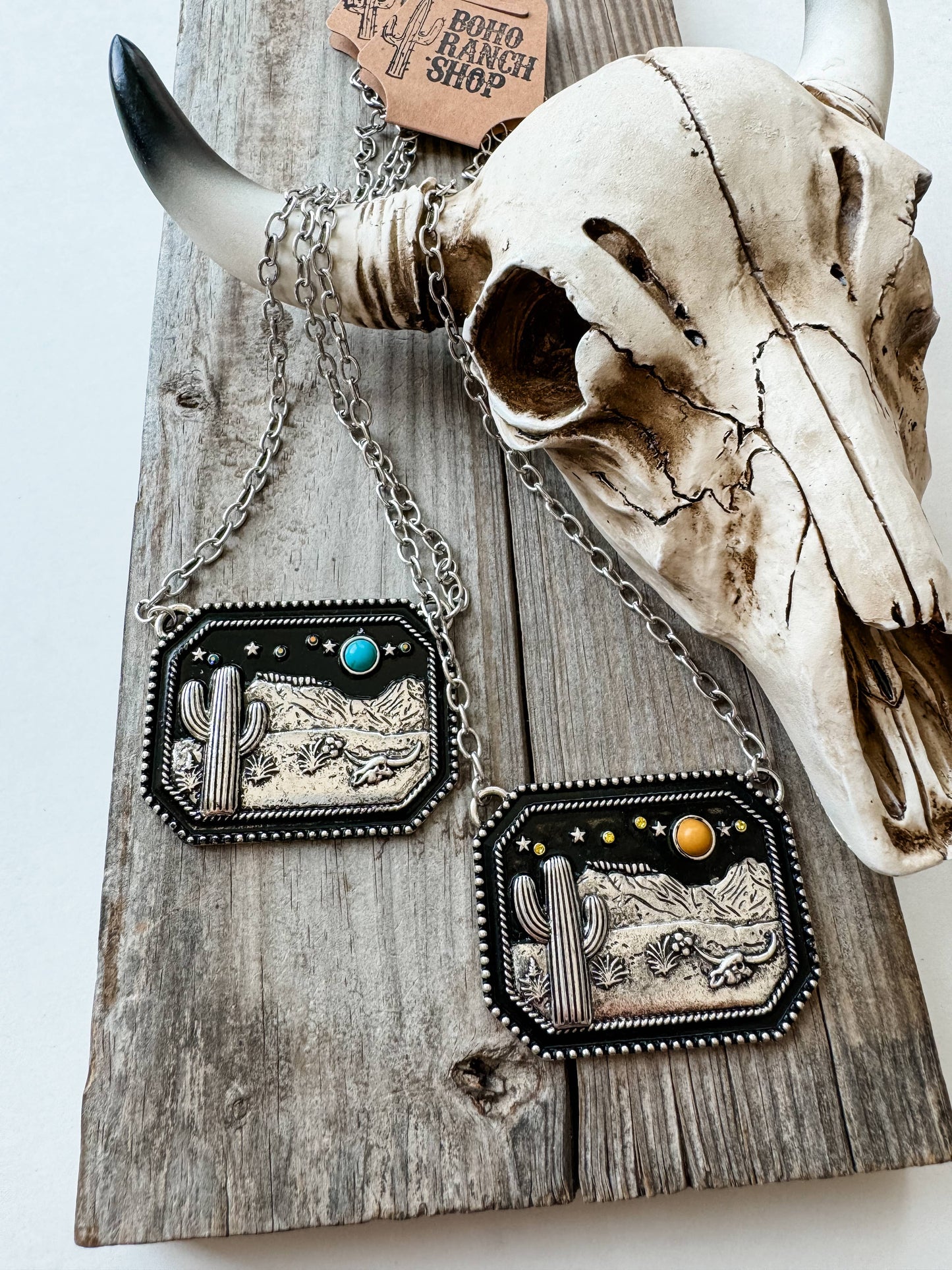 Western Scenery Cactus Desert Pendant Necklace: TURQUOISE