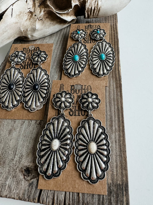 Western Textured Double Concho Earrings: TURQUOISE