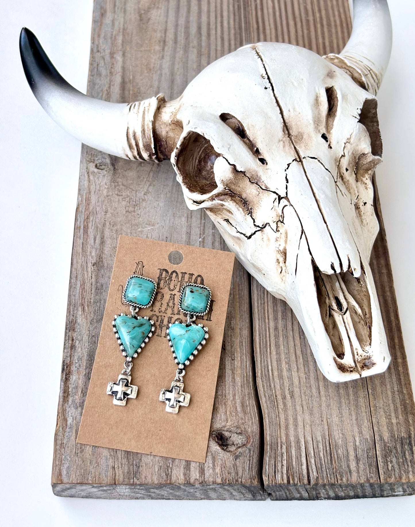 Square, Heart Turquoise Stone & Cross Post Drop Earrings