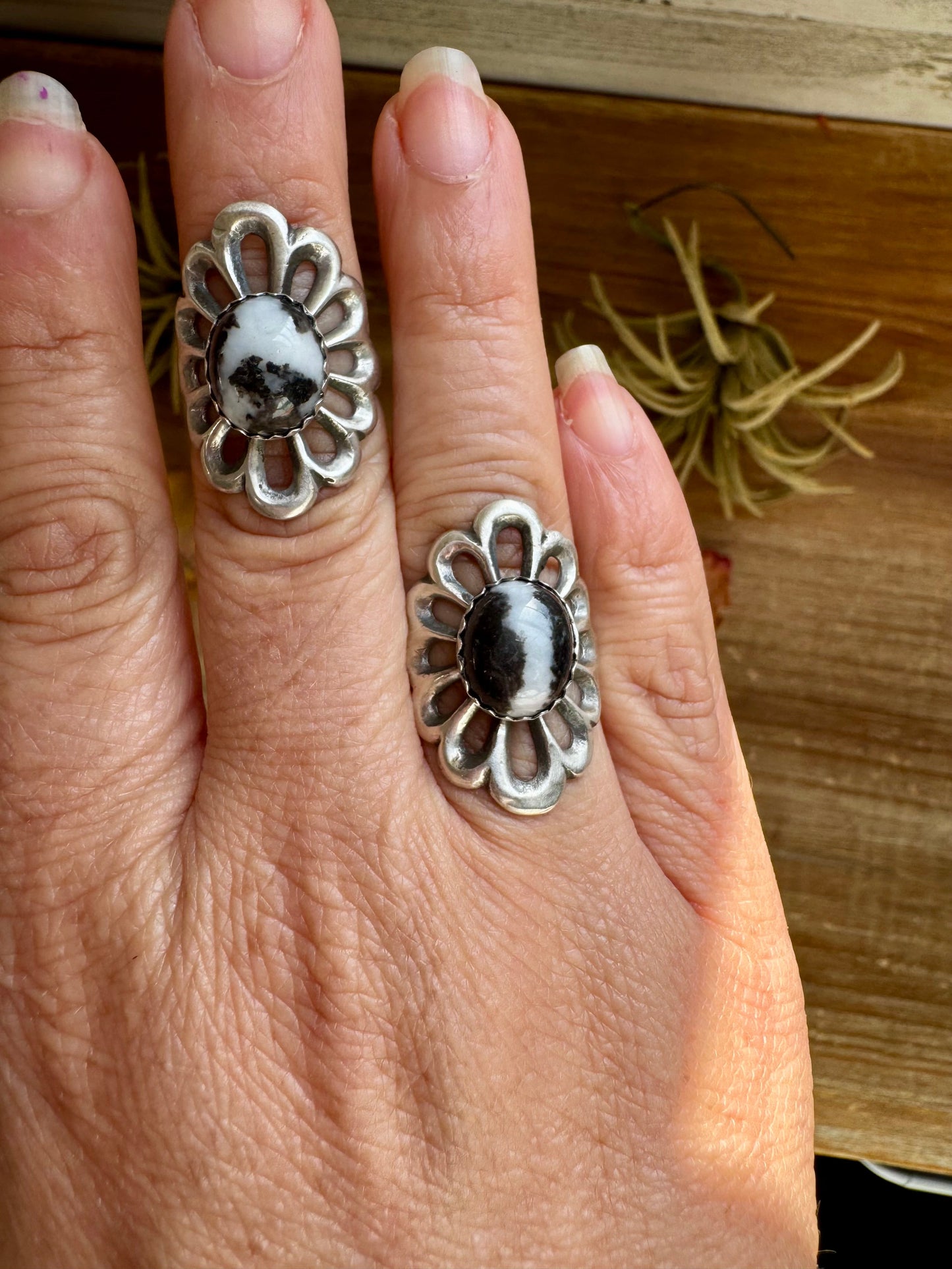 White Buffalo Flower Ring – Native Made Sterling Silver (Sizes 6.5 & 7.5)