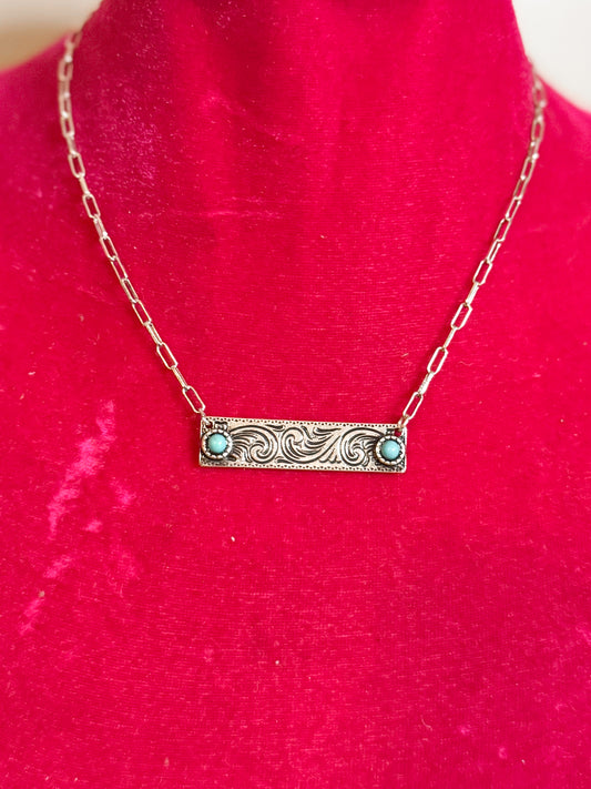 Engraved silver bar necklace