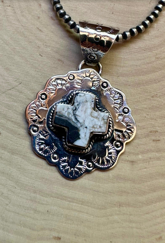 Beautiful Handmade Sterling Silver White Buffalo Cross Pendant