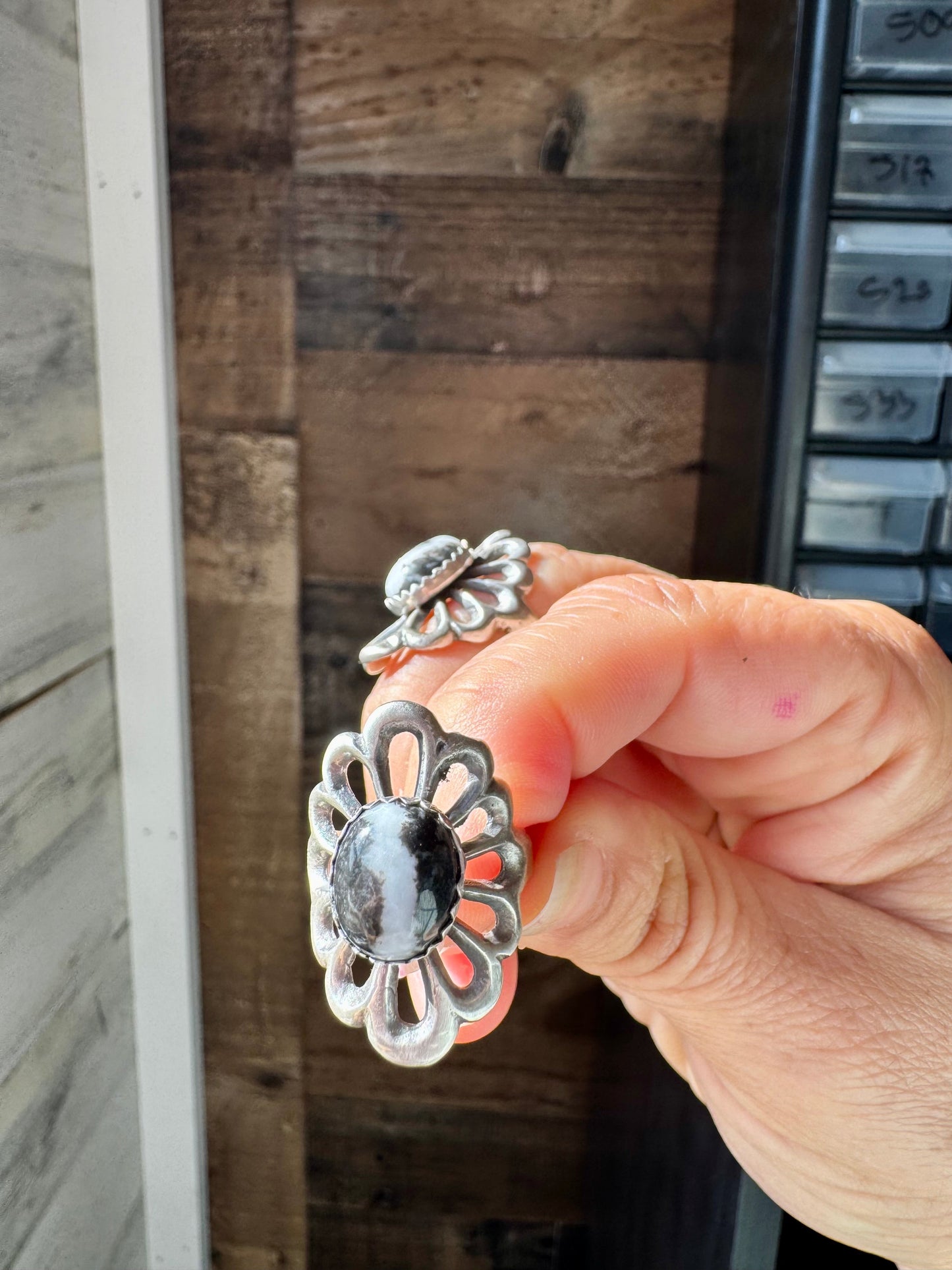 White Buffalo Flower Ring – Native Made Sterling Silver (Sizes 6.5 & 7.5)