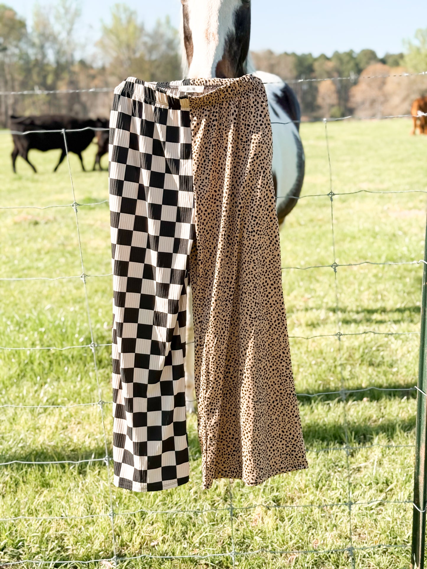 SPLIT DECISION CHECKER AND LEOPARD PANTS