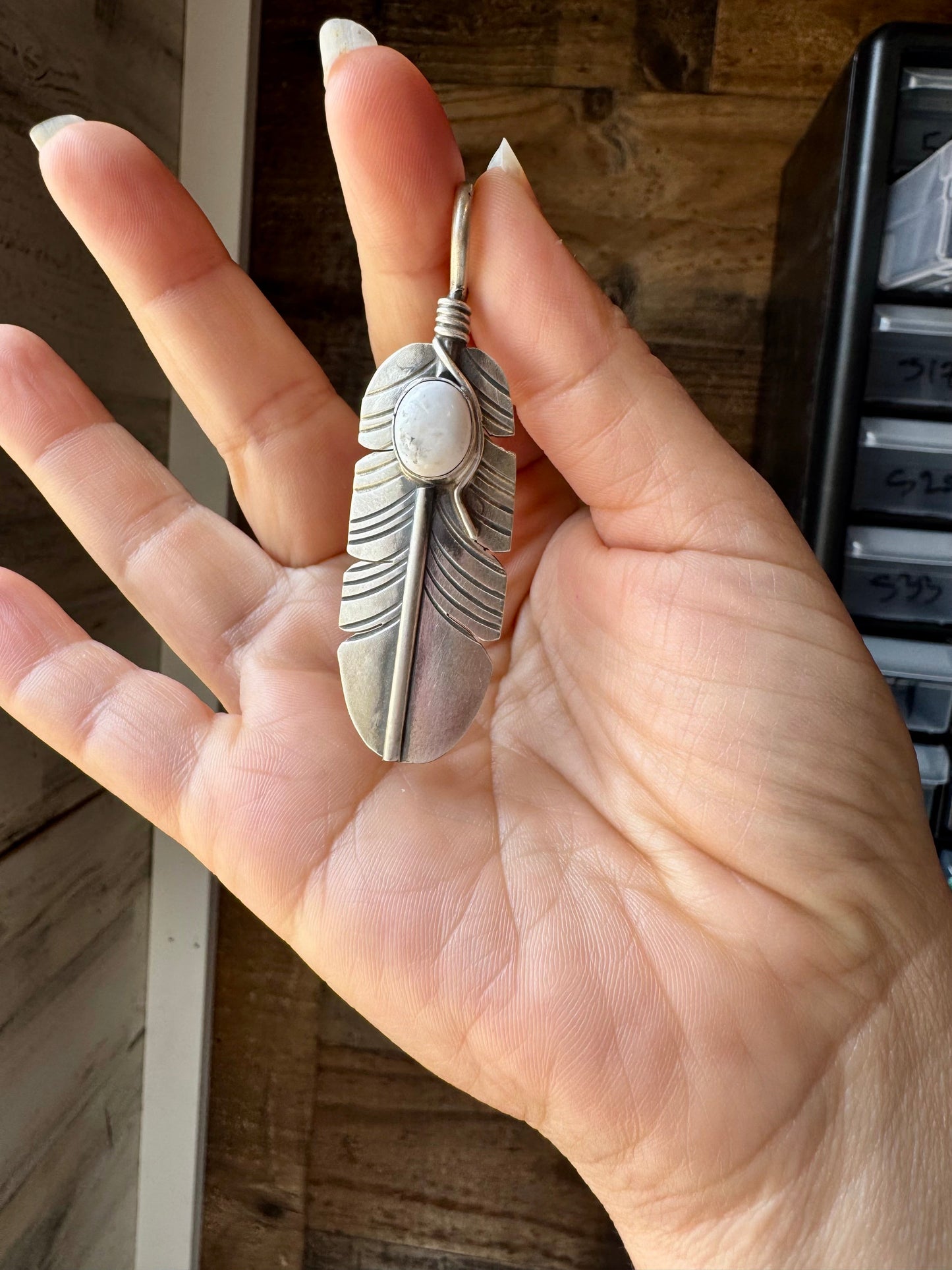 Feather Pendant with White Buffalo – Sterling Silver, Fits 8 mm Chain