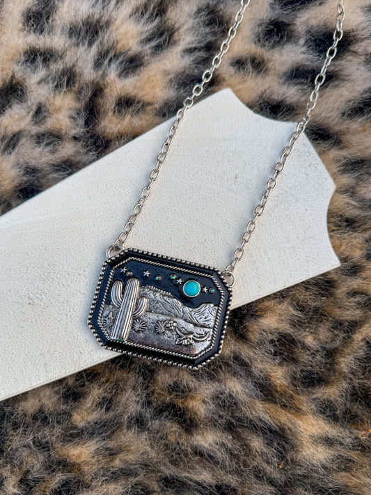 Western Scenery Cactus Desert Pendant Necklace: TURQUOISE