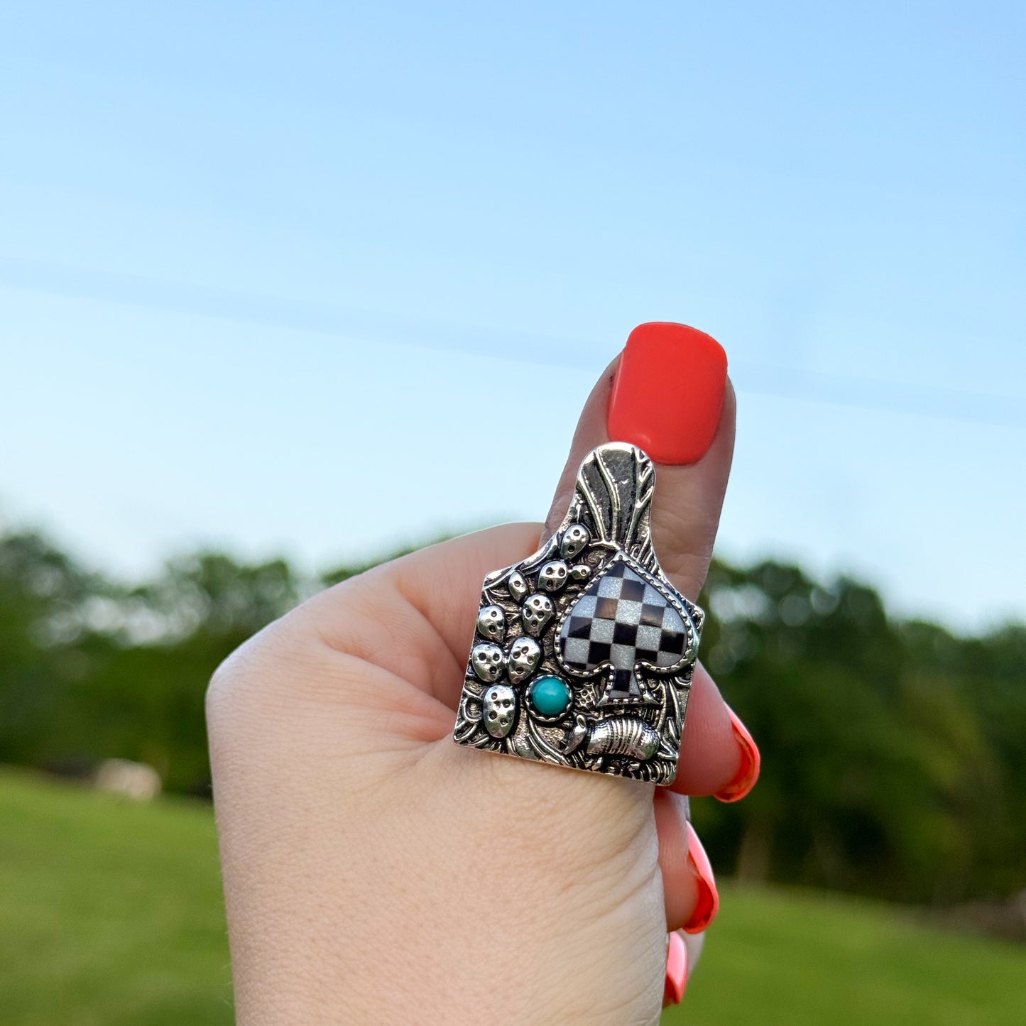 Western Cattle Tag Spade Checker Cuff Ring