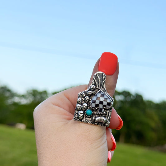 Western Cattle Tag Spade Checker Cuff Ring