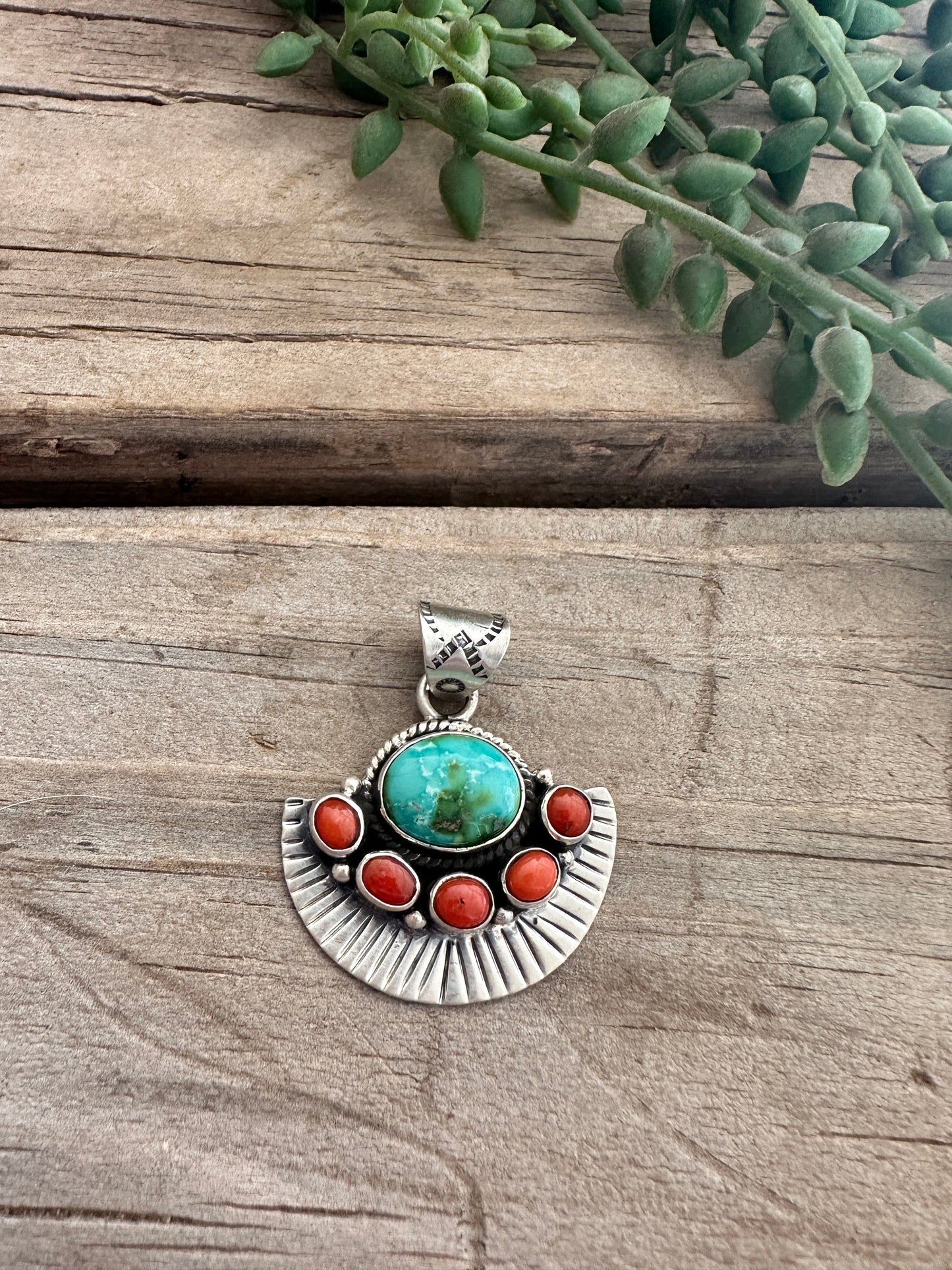 Beautiful Handmade Sterling Silver, Coral & Sonoran Mountain Turquoise Pendant