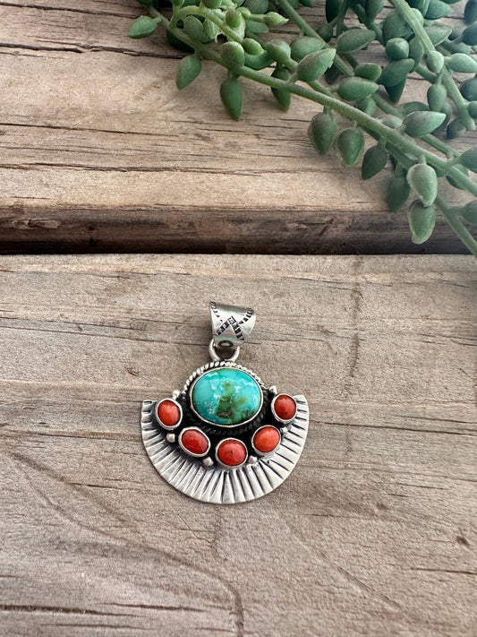 Beautiful Handmade Sterling Silver, Coral & Sonoran Mountain Turquoise Pendant