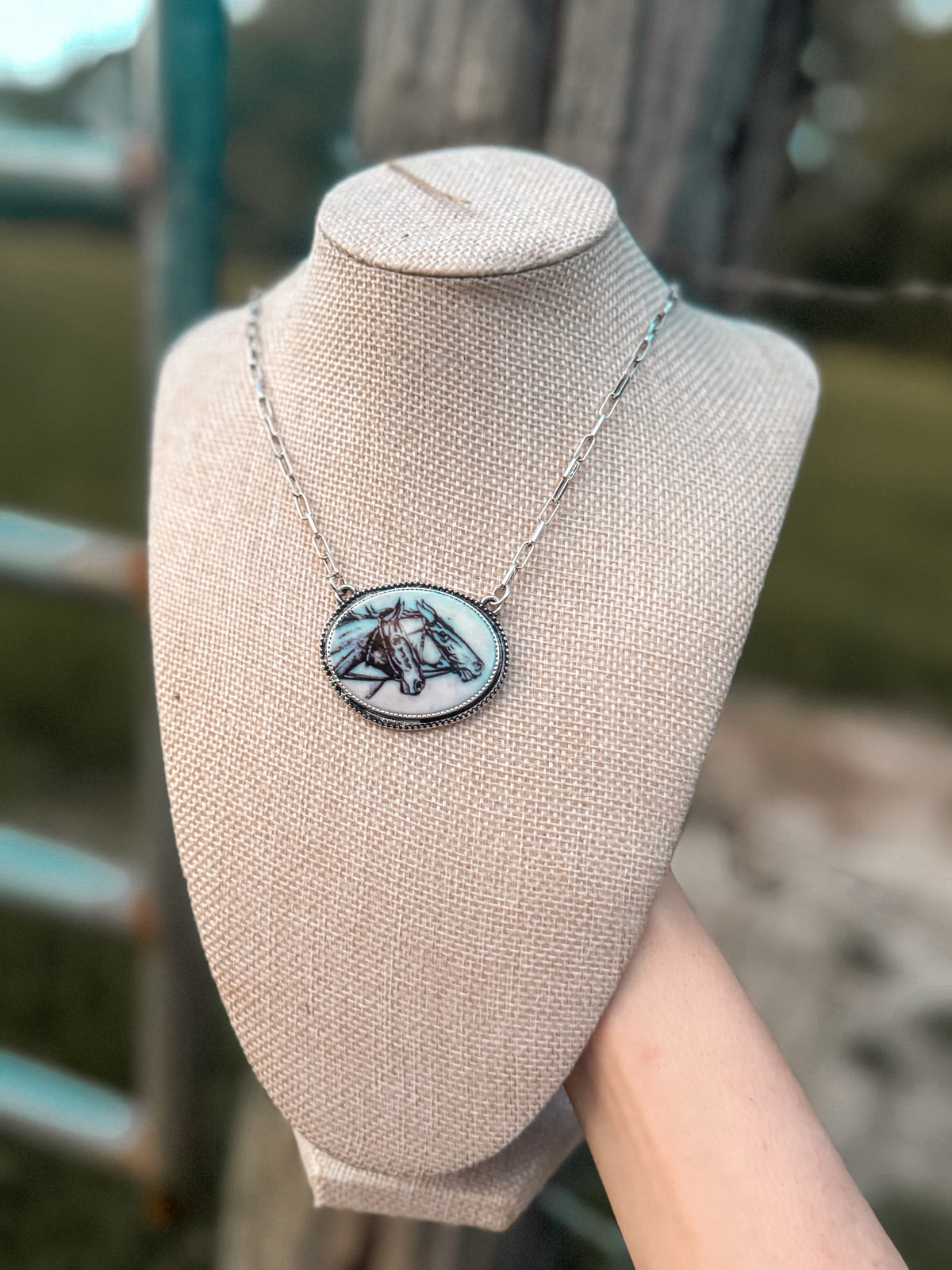 Western Oval Double Horse Print Pendant Necklace