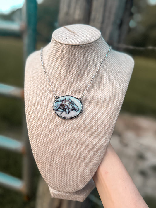 Western Oval Double Horse Print Pendant Necklace