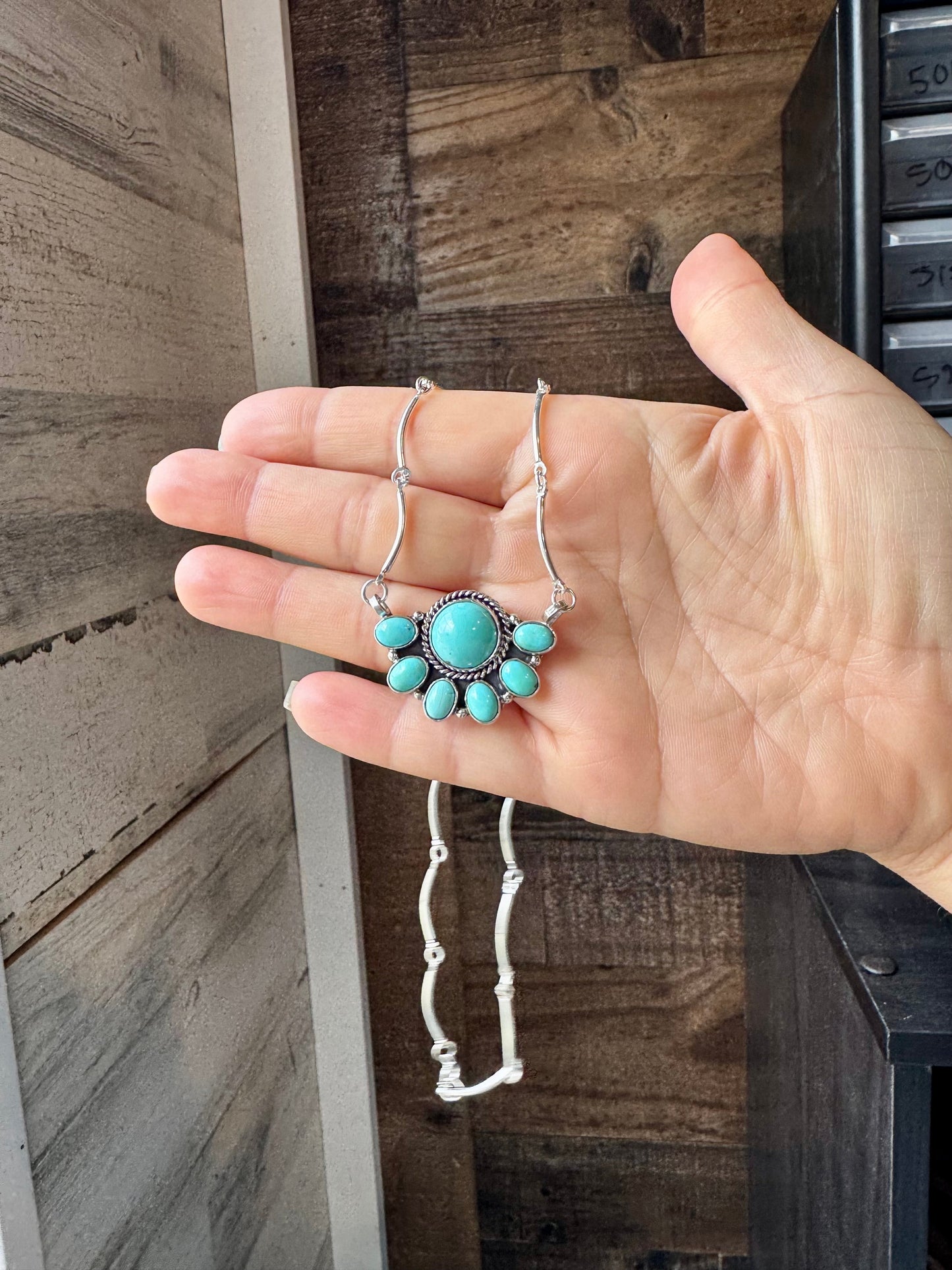 Smaller Cluster Necklace – Kingman Turquoise on Liquid Silver Chain, 18 Inch – USA Made