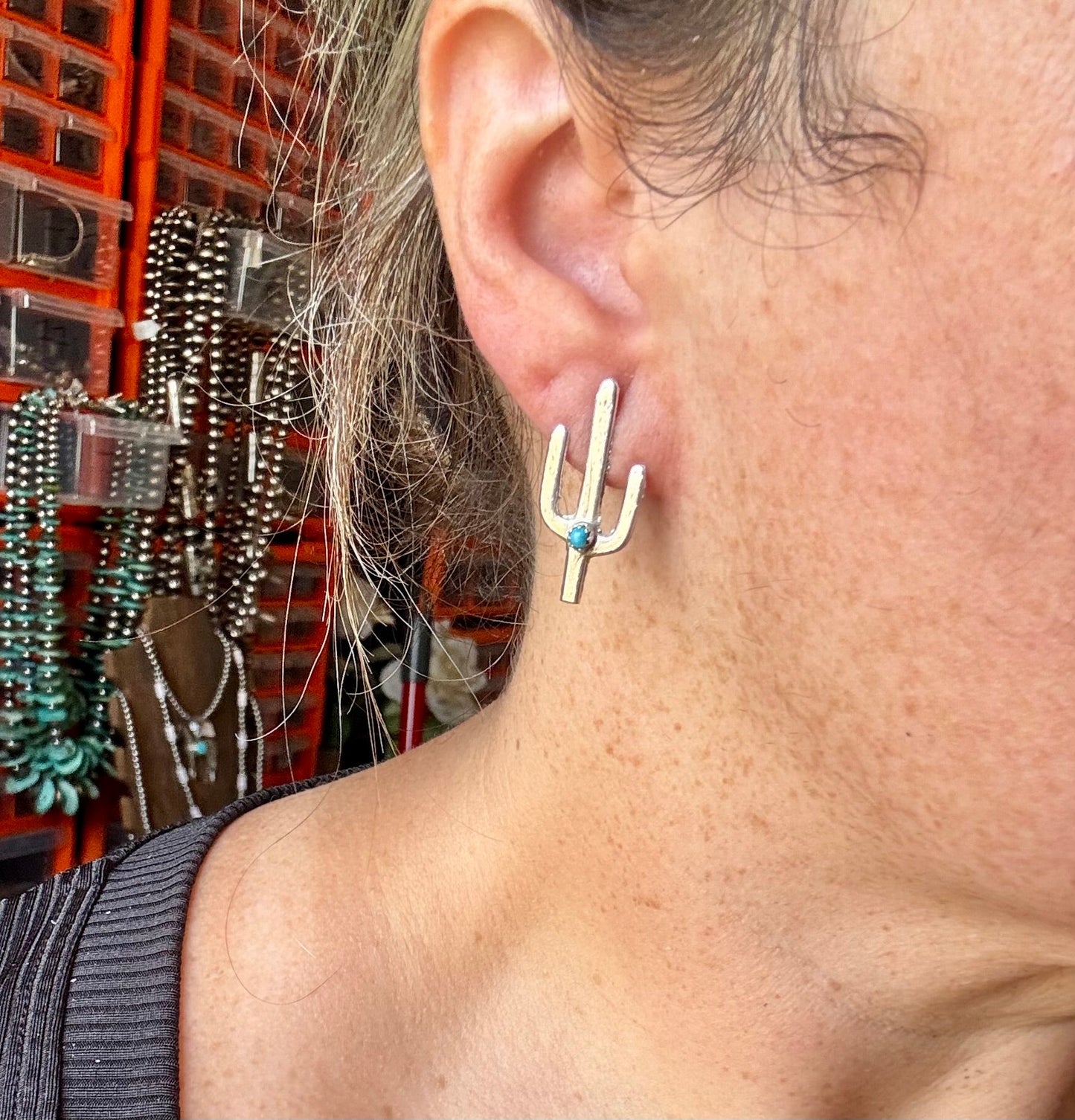 Cactus Stud Earrings – Sterling Silver with Kingman Turquoise, Native Made