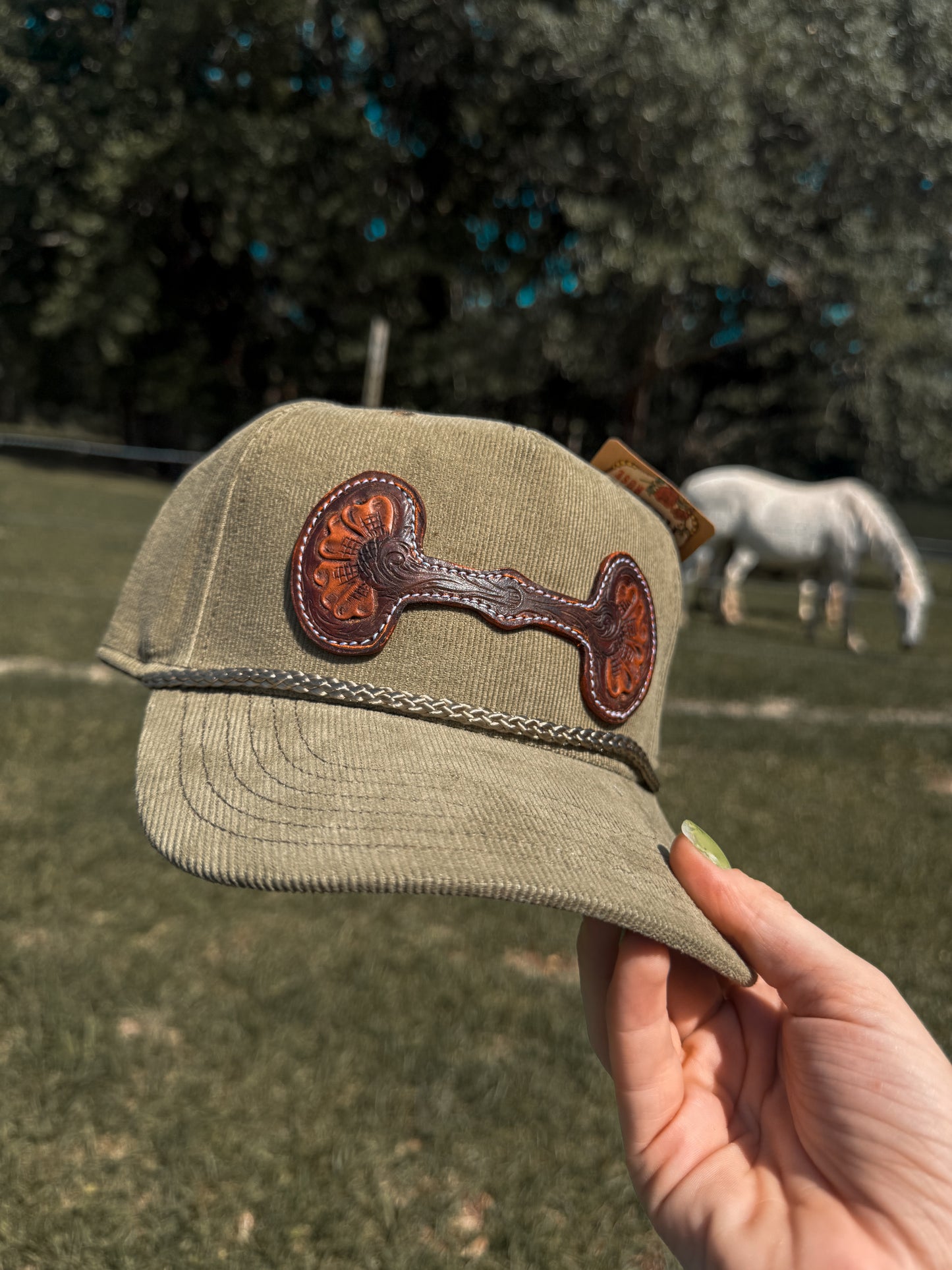Hand Tooled Leather Snaffle Bit Cap: Green
