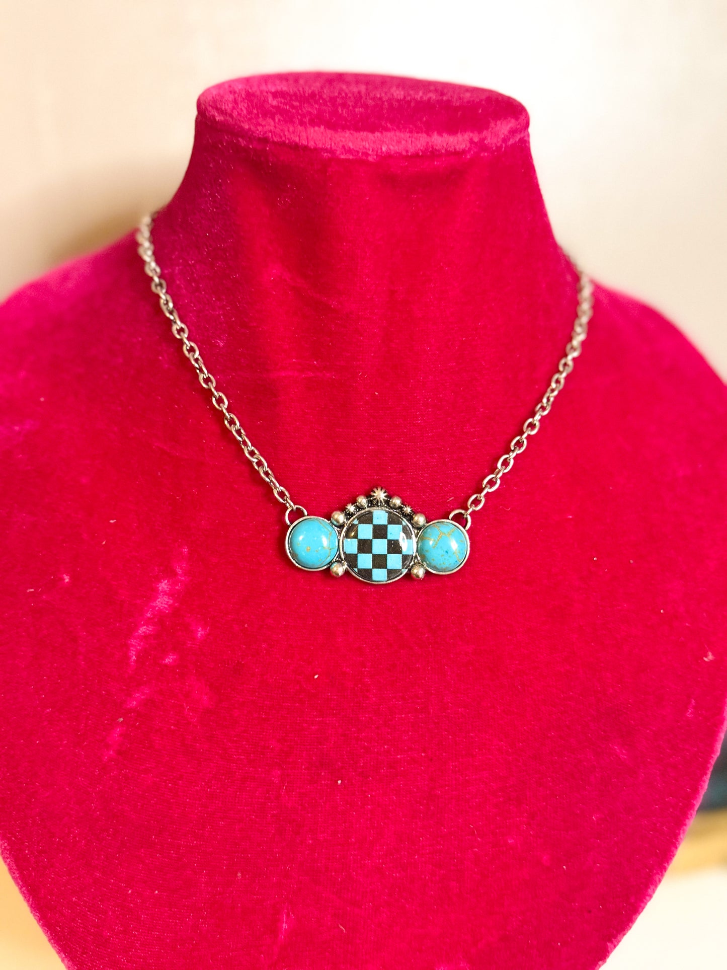Turquoise checkered bar necklace