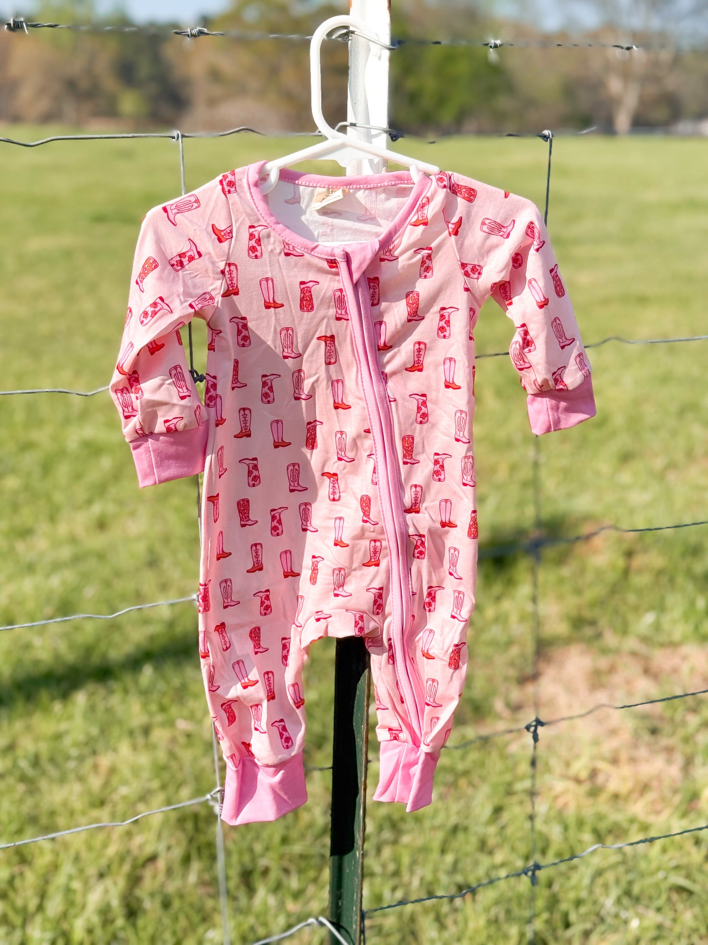 Pink boots baby girls western zipper romper