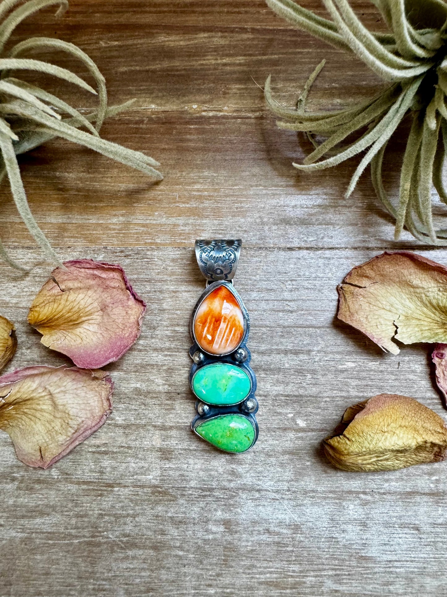 3-Stone Pendant – Orange Spiny & Green Turquoise by Boyd Ashley