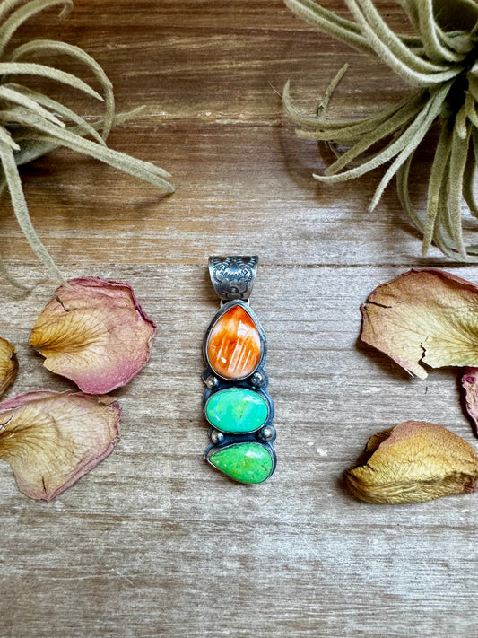 3-Stone Pendant – Orange Spiny & Green Turquoise by Boyd Ashley