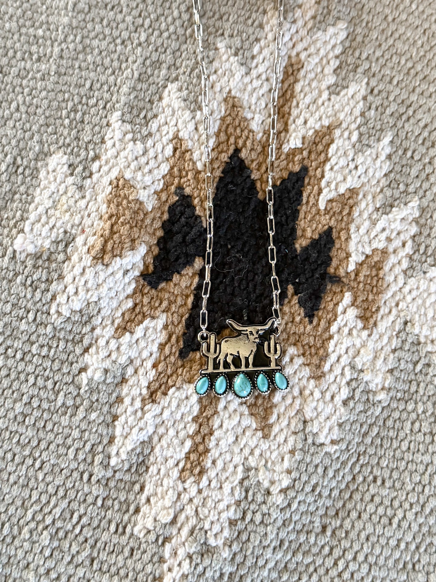Western Longhorn Plate Turquoise Pendant Necklace