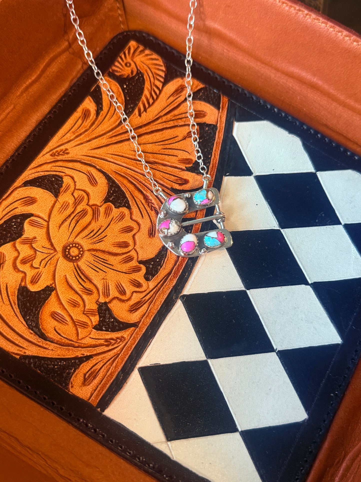 Cotton candy belt buckle necklace