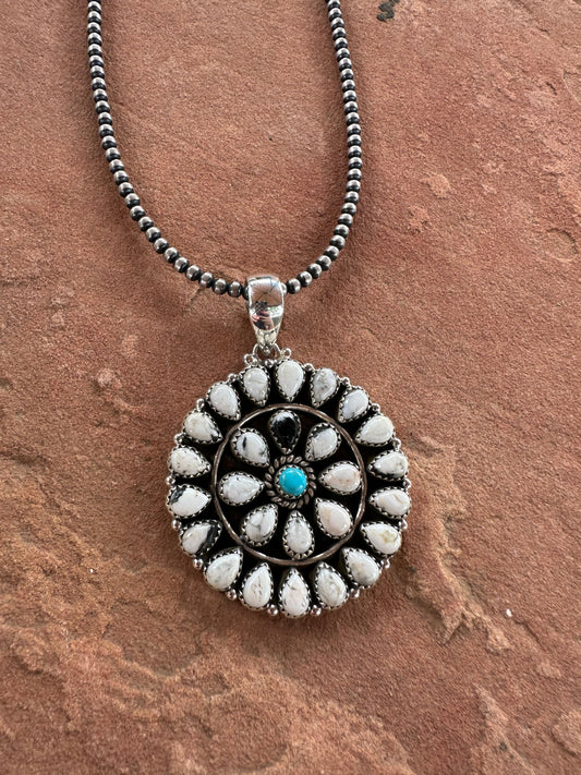 Beautiful Handmade Sterling Silver, White Buffalo & Turquoise Cluster Pendant