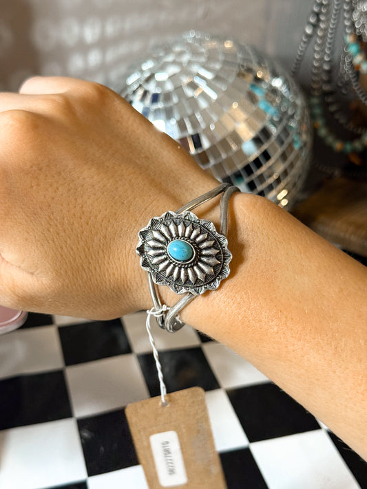 Turquoise and silver Concho cuff bracelet