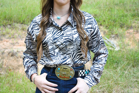 Groovy zebra satin style rodeo shirt