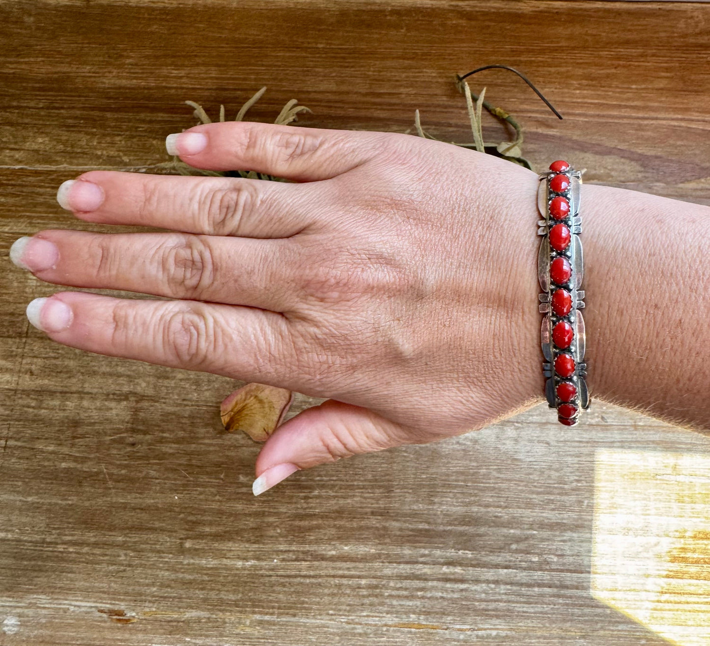 Red Coral Cuff Bracelet – Native Made by Russell Sam, Sterling Silver