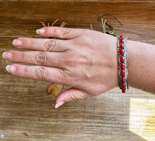 Red Coral Cuff Bracelet – Native Made by Russell Sam, Sterling Silver