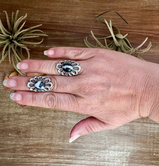 White Buffalo Flower Ring – Native Made Sterling Silver (Sizes 6.5 & 7.5)