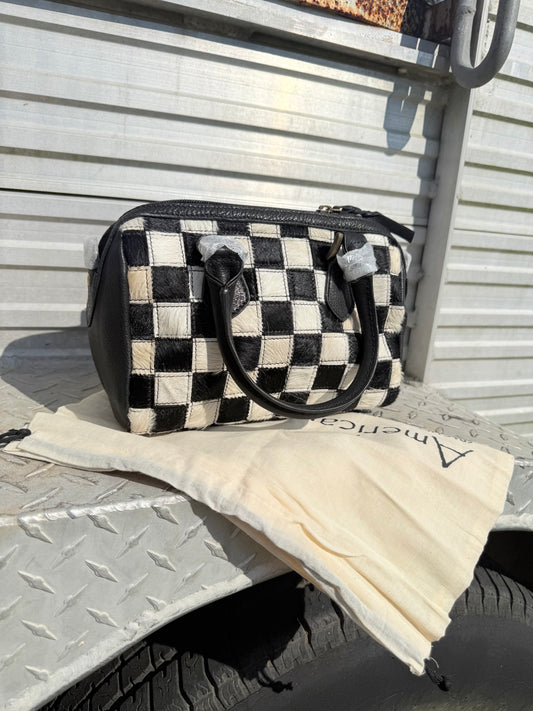 Leather & Hair-On-Hide Black Checkerboard Speedy Bag: ADBGM1088