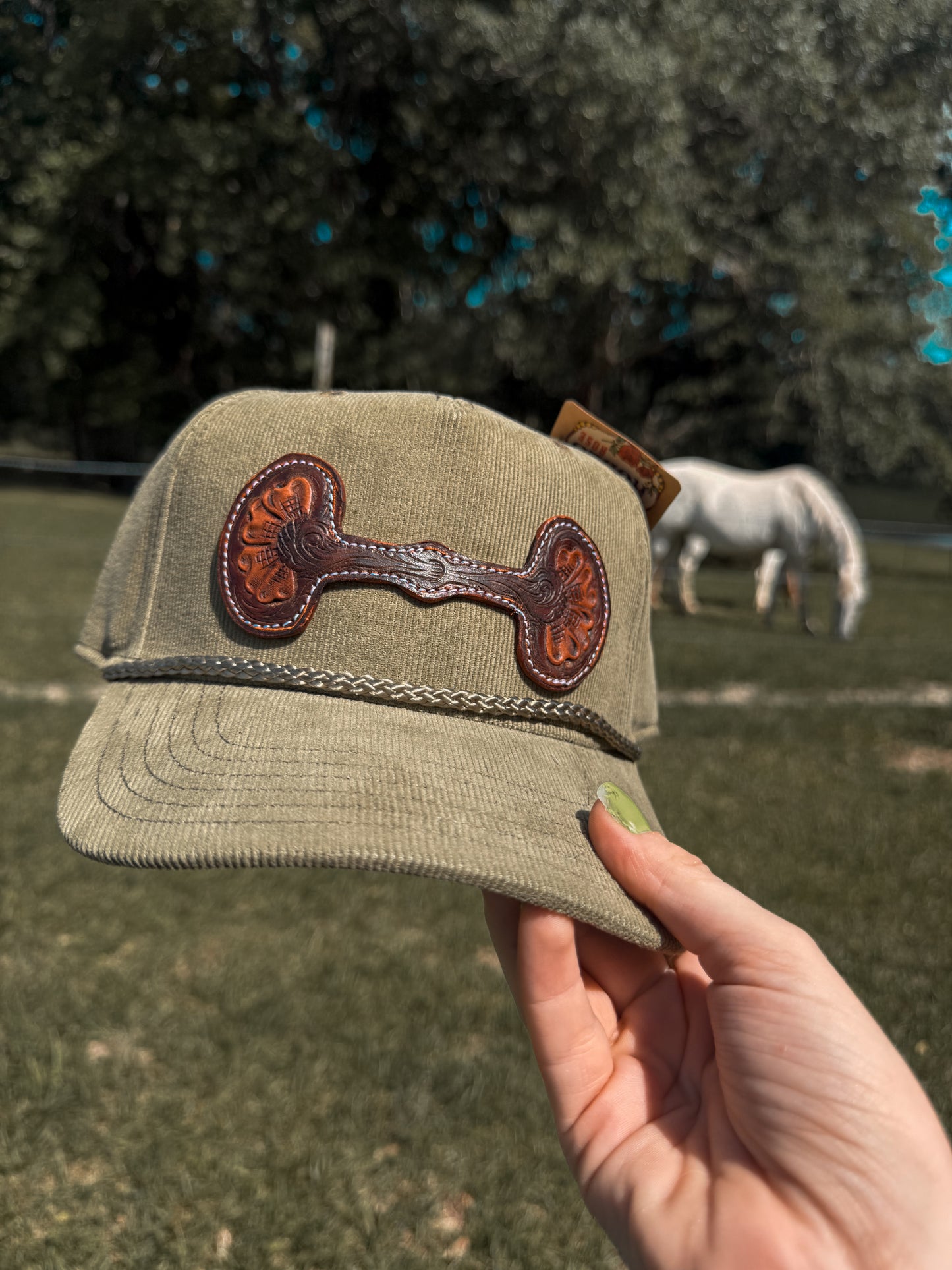 Hand Tooled Leather Snaffle Bit Cap: Green