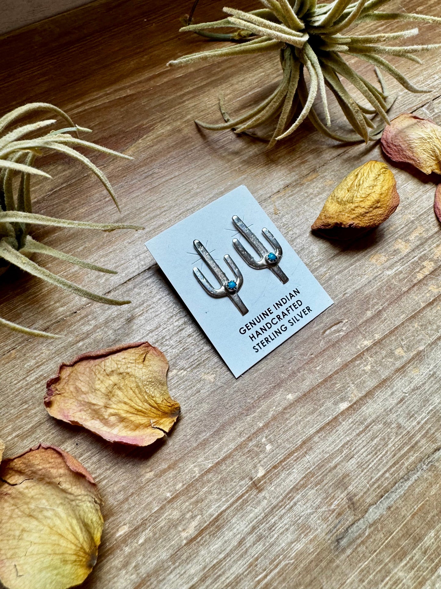 Cactus Stud Earrings – Sterling Silver with Kingman Turquoise, Native Made
