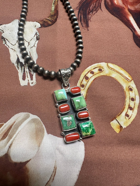 Beautiful Handmade Sterling Silver, Coral & Sonoran Mountain Turquoise Bar Pendant