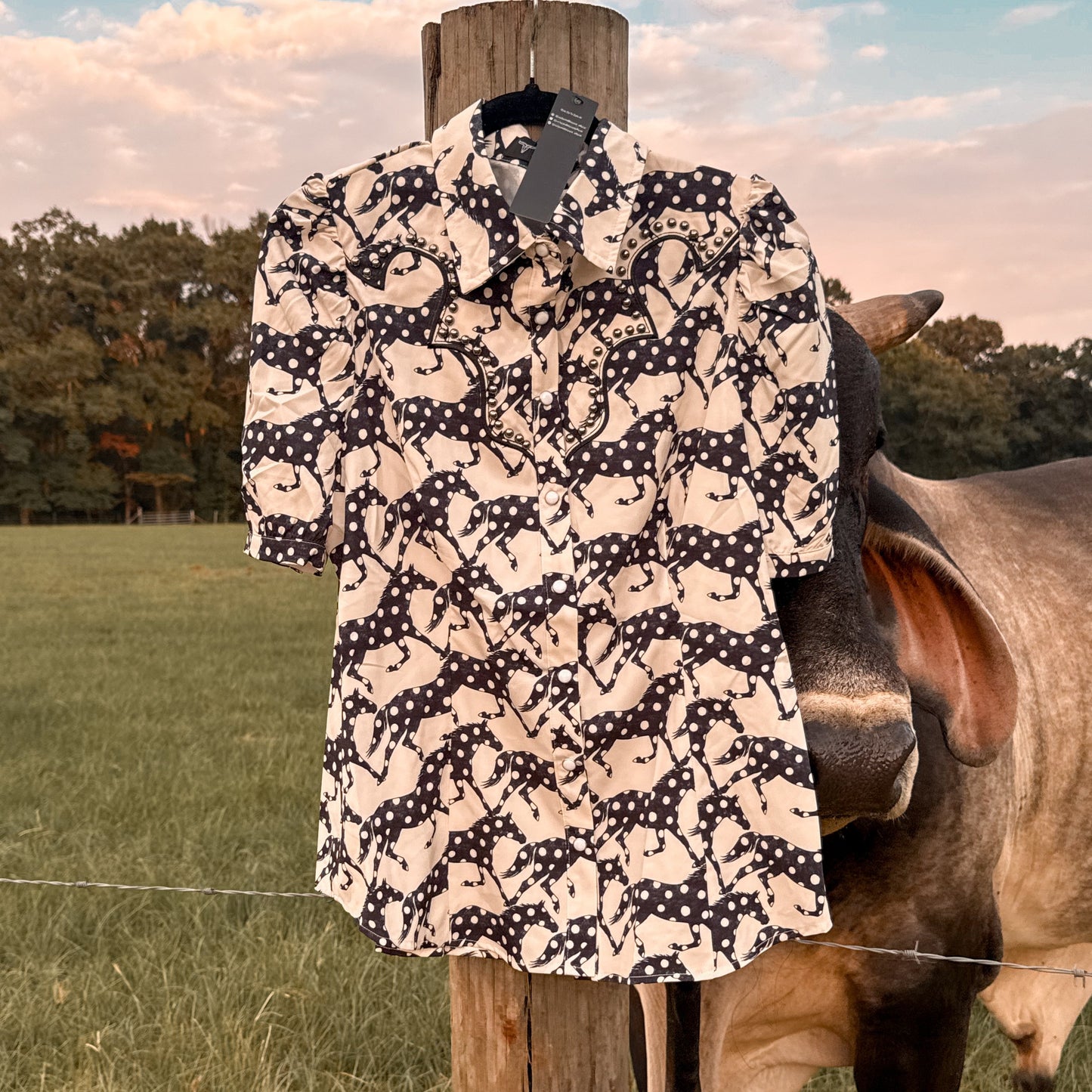 Horse Printed Puff Studded Detail Pearl Snap Shirt