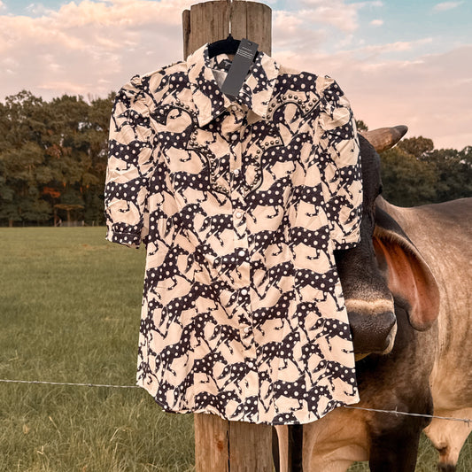 Horse Printed Puff Studded Detail Pearl Snap Shirt