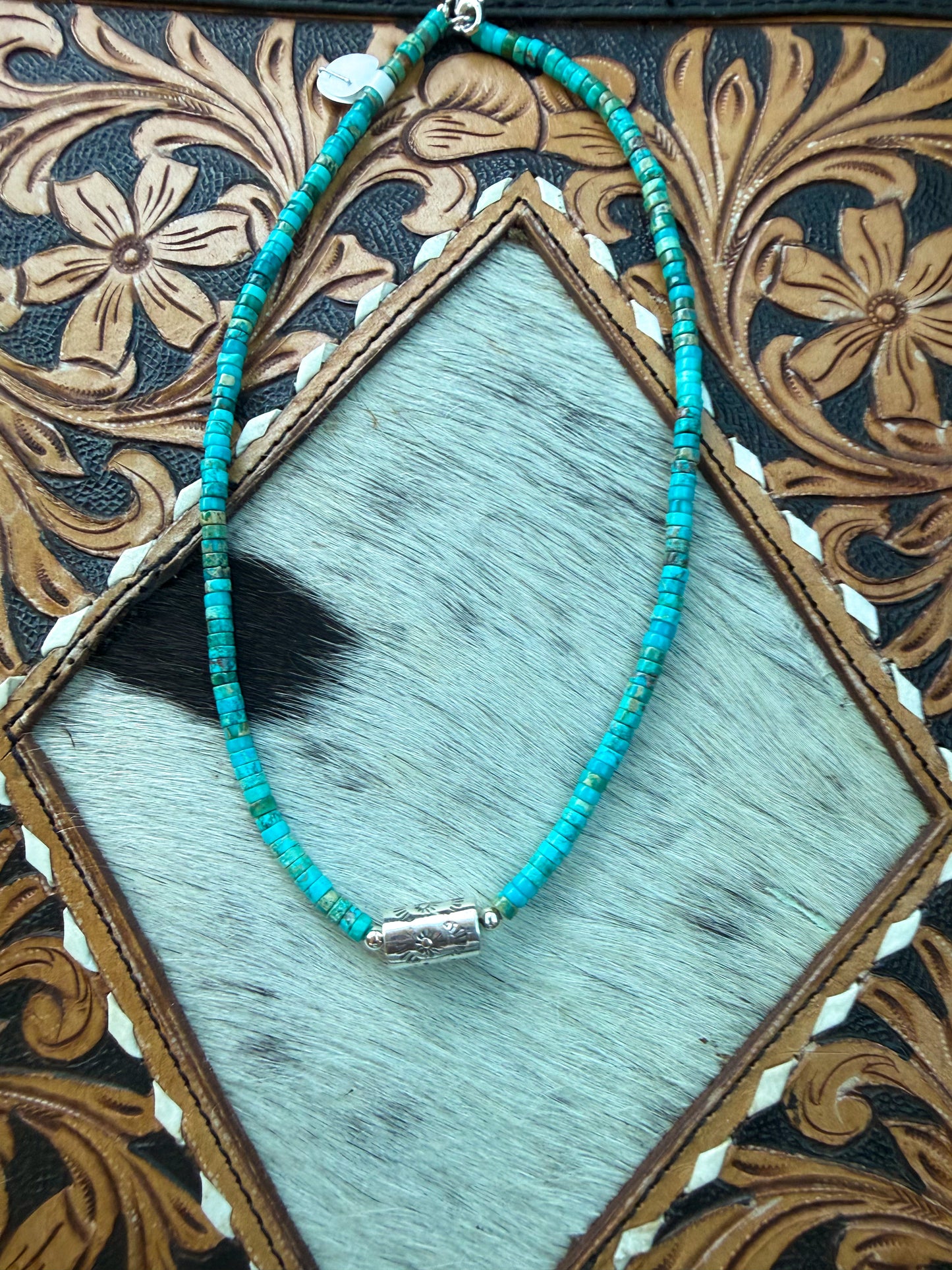 Heishi turquoise and sterling barrel bead necklace  18 inches