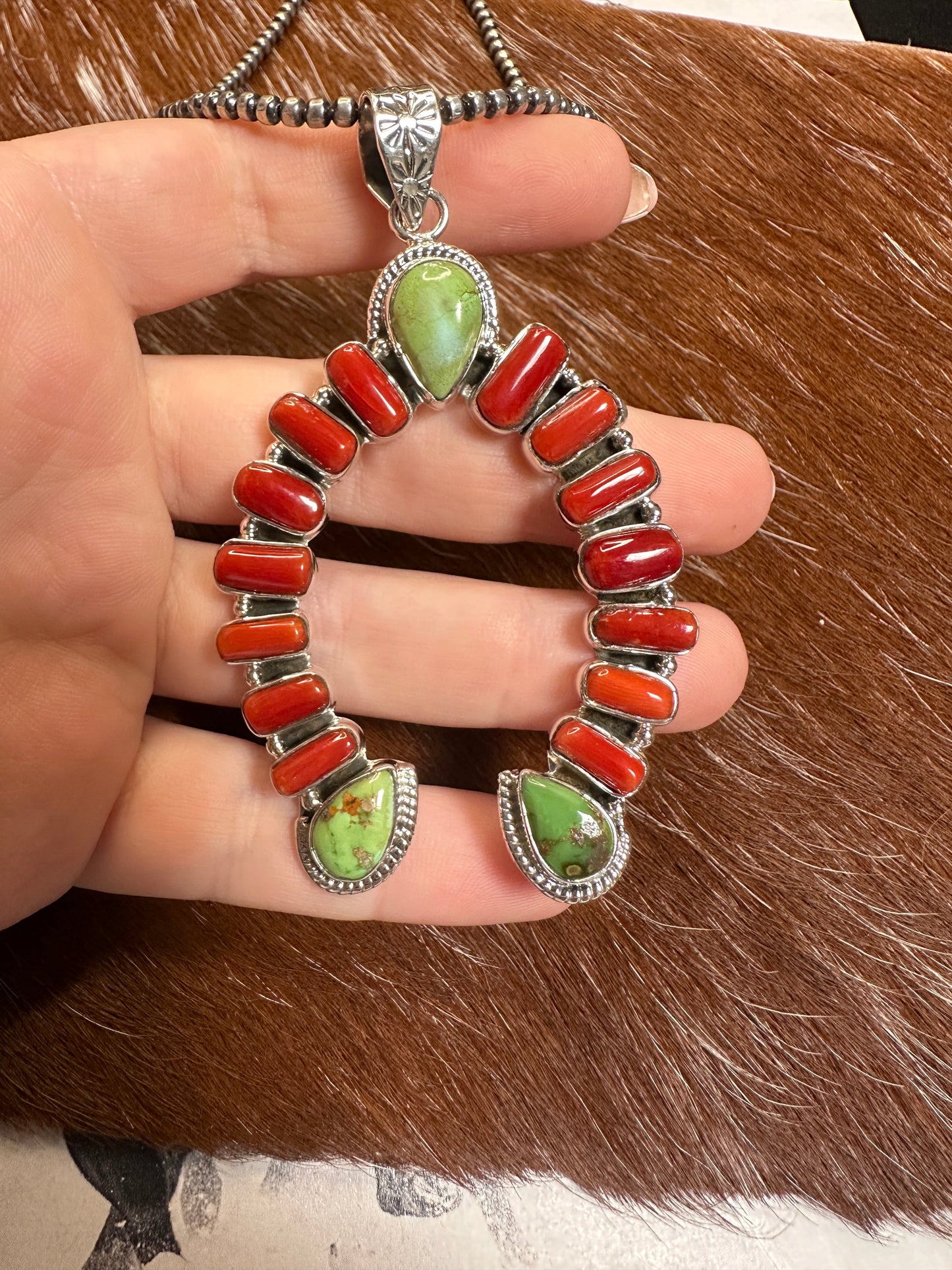 Beautiful Handmade Sterling Silver, Coral & Sonoran Mountain Turquoise Naja Pendant