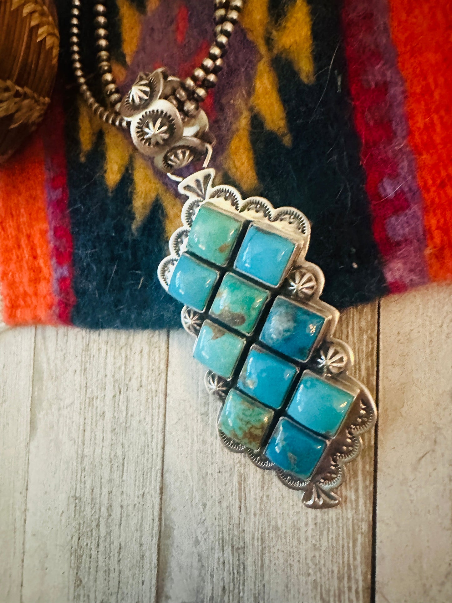 Navajo Turquoise and Sterling Silver Cluster Pendant by Charles Johnson
