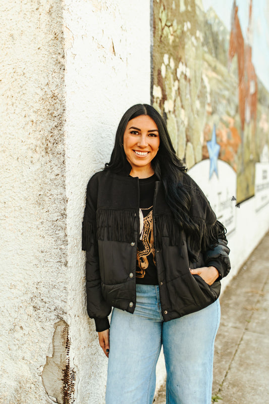 Y’all fly black puffer jacket- small/medium
