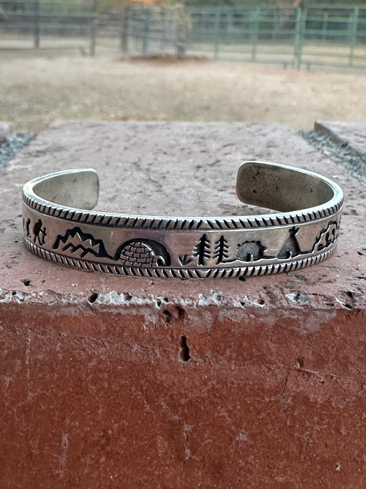 Vintage Old Pawn Navajo Sterling Silver Story Teller Cuff Bracelet