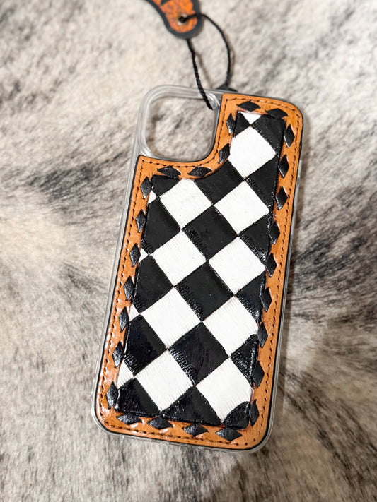 Tooled leather checkered phone case