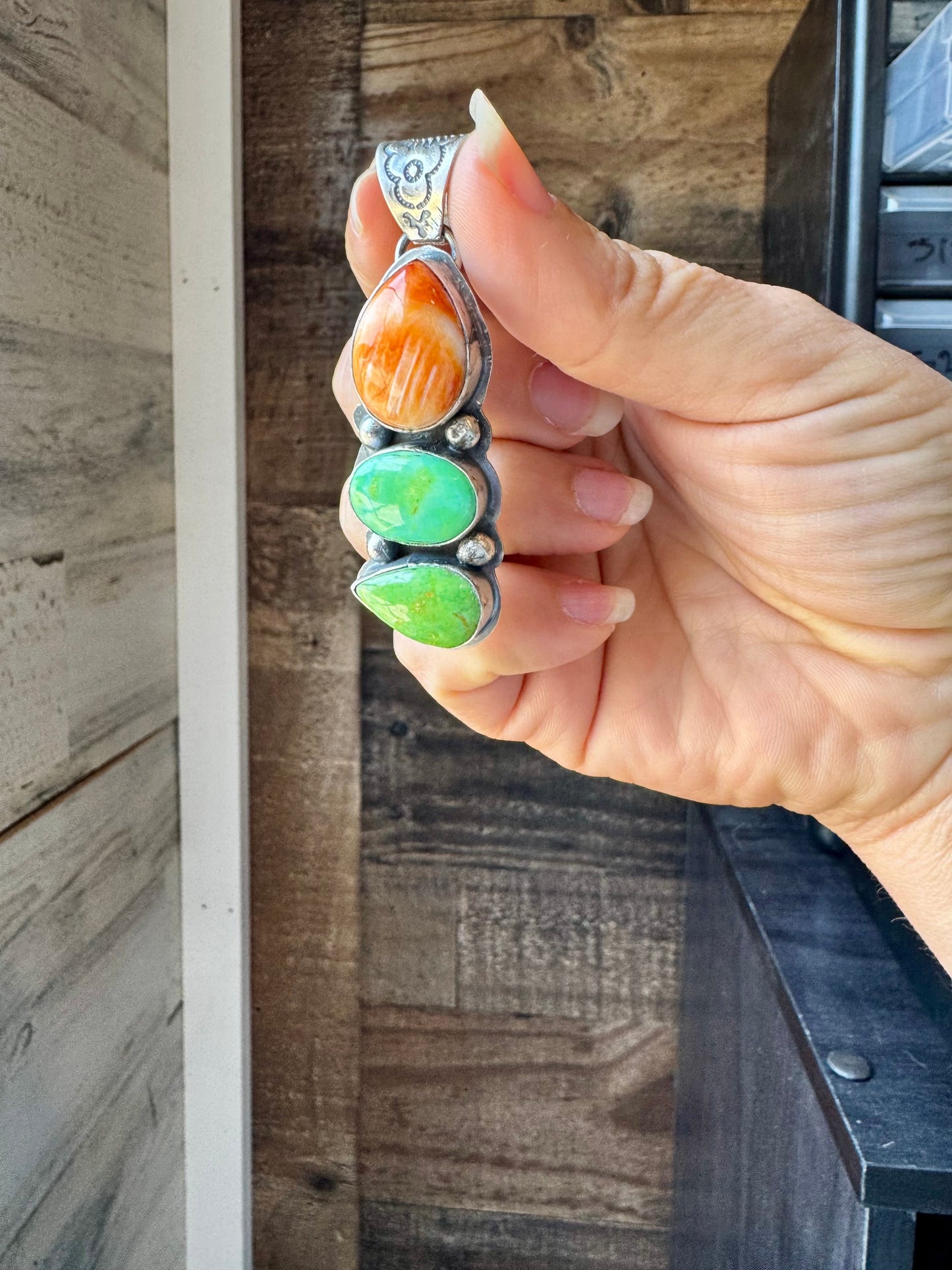 3-Stone Pendant – Orange Spiny & Green Turquoise by Boyd Ashley